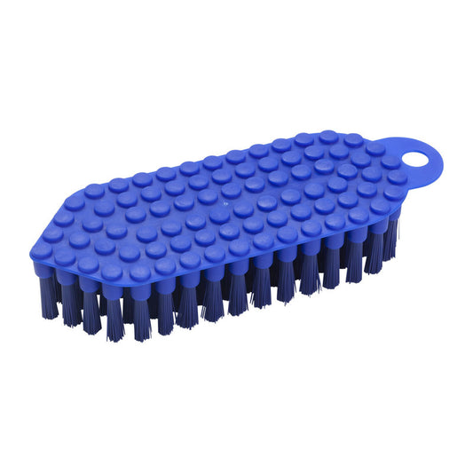 Die blaue FLEXO-BÜRSTE (ø 0,35MM MITTEL, 190x70x25 mm) von Haug Bürsten KG hat einen strukturierten Griff mit Aufhängeloch und steifen Borsten, abgebildet auf weißem Hintergrund.