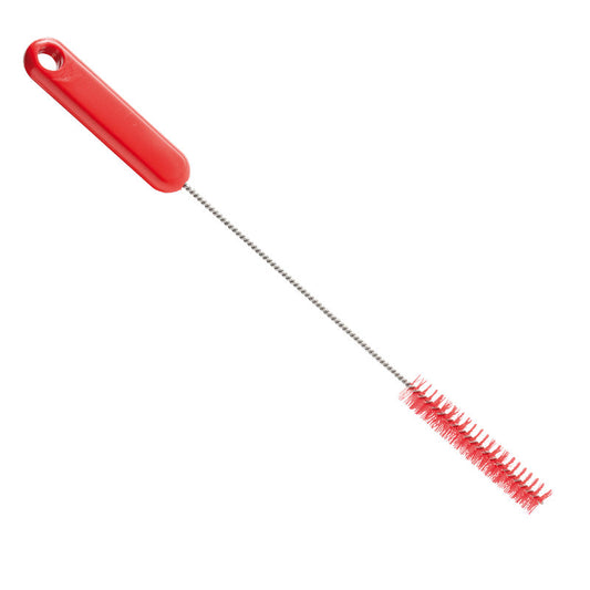 Die ROHRBÜRSTE, PBT HART, 305xø15x80mm von Haug Bürsten KG hat einen roten Kunststoffgriff, einen langen Metallstiel und rote, harte PBT-Borsten - ideal für die effektive Pfeifenreinigung.