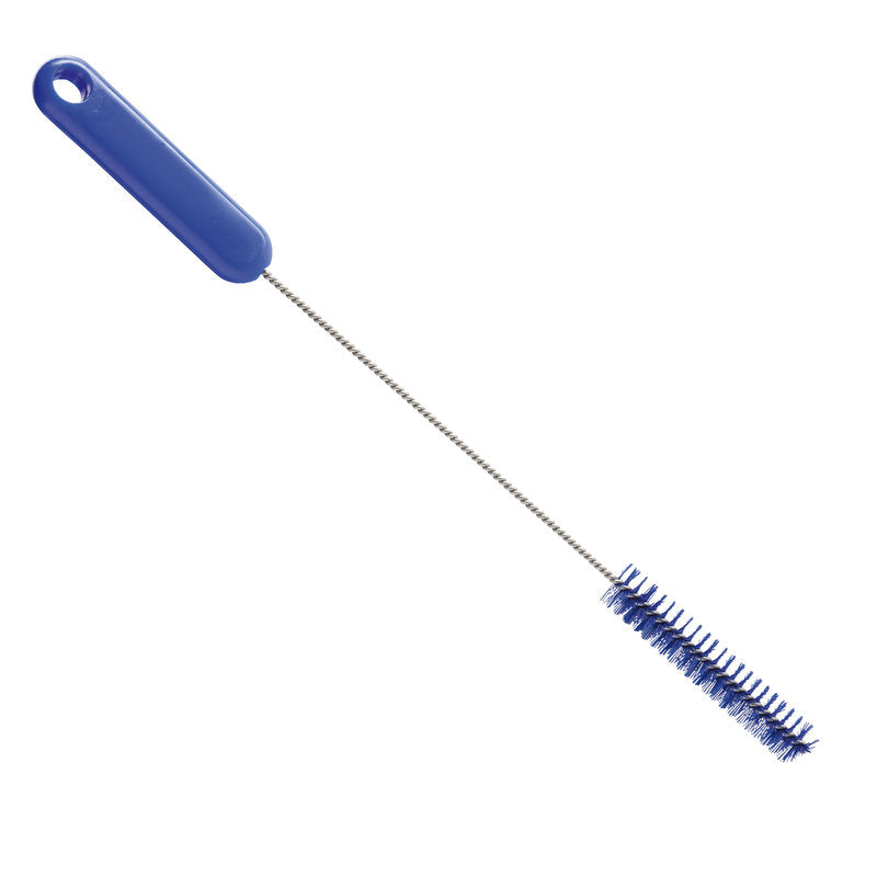 Die Haug Bürsten KG ROHRBÜRSTE, ø 0,35MM HART, 305Xø15X80MM hat einen blauen Griff mit Aufhängeloch und einen langen, dünnen Schaft mit zylindrischen Borsten - ideal für die Rohrreinigung und das Entfernen von hartnäckigem Schmutz.