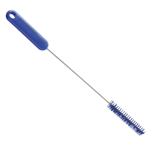 Die Haug Bürsten KG ROHRBÜRSTE, ø 0,35MM HART, 305Xø15X80MM hat einen blauen Griff mit Aufhängeloch und einen langen, dünnen Schaft mit zylindrischen Borsten - ideal für die Rohrreinigung und das Entfernen von hartnäckigem Schmutz.