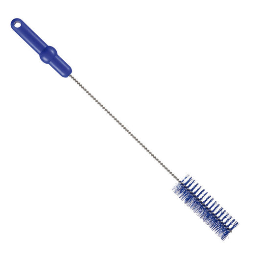 Die Haug Bürsten KG ROHRBÜRSTE, ø 0,50MM MITTEL, 500Xø40MM hat steife blaue Borsten und einen langen gedrehten Stiel mit blauem Griff und Aufhängeloch - ideal als Reinigungsbürste für Rohre oder zum Reinigen von engen Flaschen und Behältern.