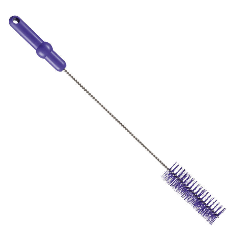 Die Haug Bürsten KG ROHRBÜRSTE, ø 0,50MM MITTEL, 500Xø40MM hat einen violetten Kunststoffgriff, einen langen gedrehten Metallstiel und dichte zylindrische violette Borsten, ideal als Reinigungsbürste für Rohre und auf weißem Hintergrund.