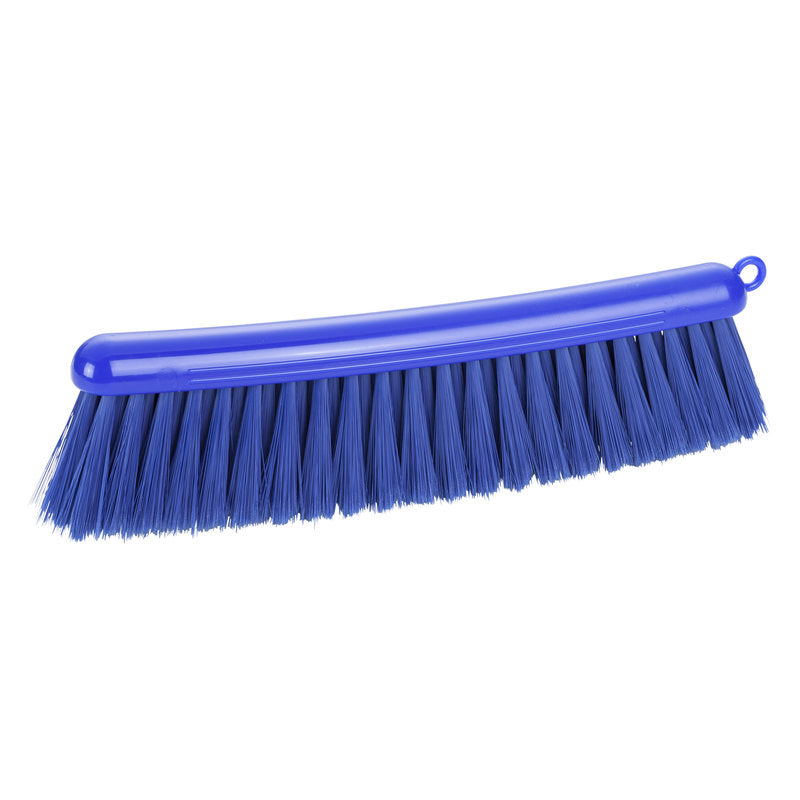 Die Haug Bürsten KG MEHLBESEN, BLAU/PBT BLAU UNGESCHLITZT mit 0,25 mm weichen Borsten und einem 290 mm langen blauen Kunststoffkopf ist ideal für die Lebensmittelverarbeitung und verfügt über ein Aufhängeloch. Abgebildet auf weißem Hintergrund.