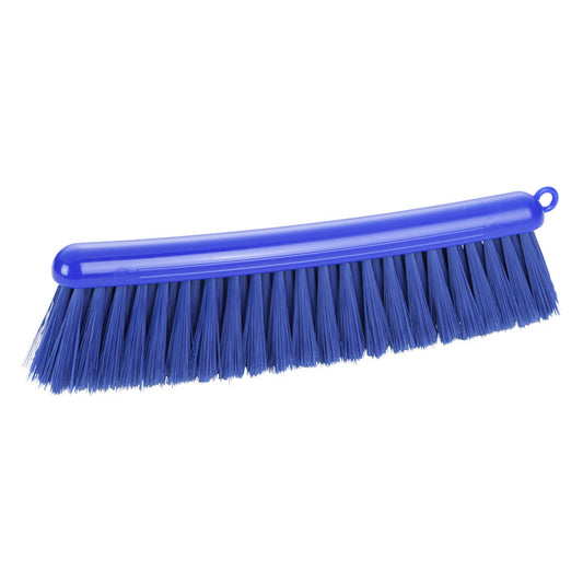 Die Haug Bürsten KG MEHLBESEN, BLAU/PBT BLAU UNGESCHLITZT mit 0,25 mm weichen Borsten und einem 290 mm langen blauen Kunststoffkopf ist ideal für die Lebensmittelverarbeitung und verfügt über ein Aufhängeloch. Abgebildet auf weißem Hintergrund.