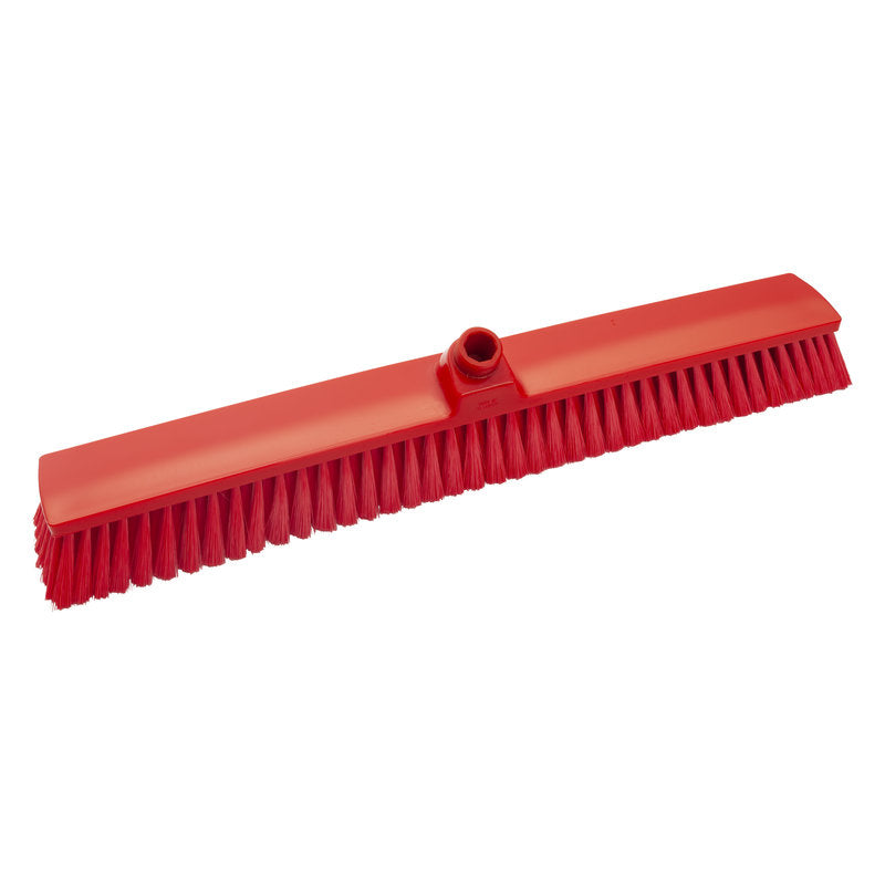 The LARGE AREA BROOM, UNVARNISHED, ø 0.25MM SOFT, 600MM from Haug Bürsten KG is a red push broom with soft bristles and a central handle hole, ideal for industrial cleaning and depicted on a white background.