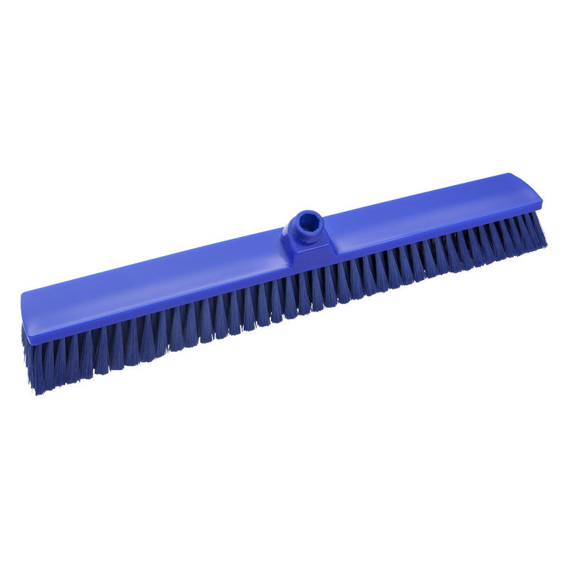 The Haug Bürsten KG LARGE AREA BROOM, UNVARNISHED, ø 0.25MM SOFT, 600MM is a blue broom head with a central hole, ideal for industrial cleaning, depicted on a white background.