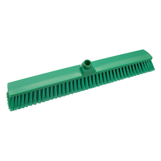 Der Haug Bürsten KG GROßRAUMBESEN,PBT GRÜN GESCHL. ø 0,25MM WEICH (600x72x50mm) verfügt über weiche grüne PBT-Borsten und ein zentrales Loch für die Befestigung des Stiels, perfekt für die Reinigung großer Flächen; abgebildet auf weißem Hintergrund.