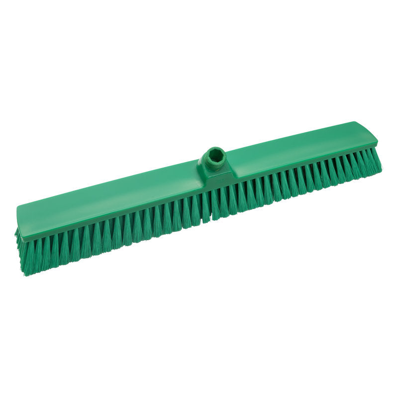 The LARGE AREA BROOM, UNVARNISHED, ø 0.25MM SOFT, 600MM from Haug Bürsten KG is a green broom head with soft bristles and a central socket for handle attachment, suitable for industrial cleaning.