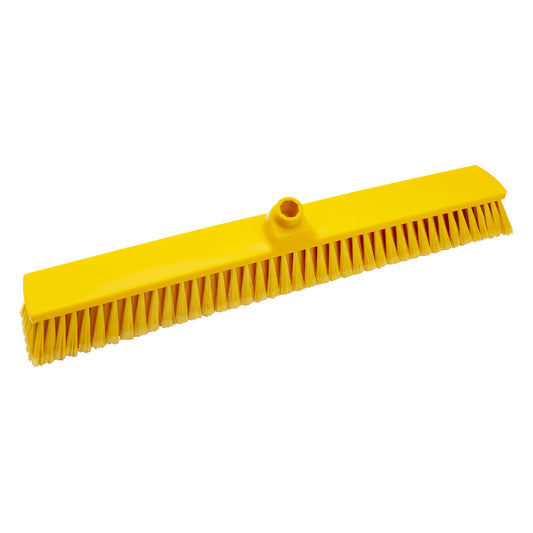 Abgebildet ist ein Haug Bürsten KG GROßRAUMBESEN Kopf, PBT gelb, 600x72x50mm, mit weichen ø 0,25mm Borsten und zentralem Stielansatz auf weißem Hintergrund.