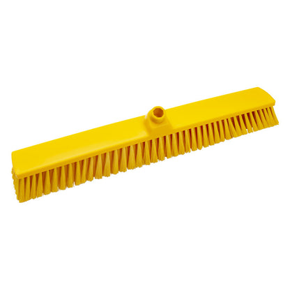 The Haug Bürsten KG LARGE AREA BROOM, UNVARNISHED, ø 0.25MM SOFT, 600MM is a yellow broom head with soft bristles and a central handle mount, ideal for industrial cleaning; depicted on a white background.