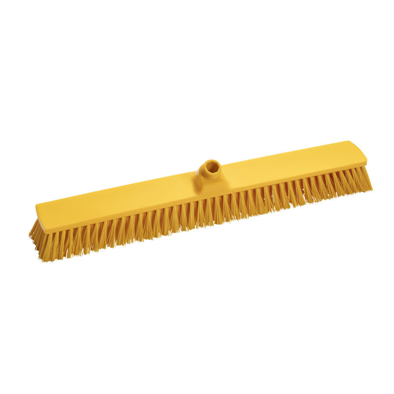 Ein gelber GROßRAUMBESEN-Kopf von Haug Bürsten KG mit mittelharten PBT-Borsten (ø 0,50 mm), Größe 600x72x51 mm und zentralem Loch für den Stiel, ideal zum Reinigen großer Flächen.