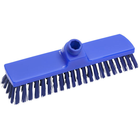 Der BESEN, PBT, ø 0,50MM MITTEL, 300X70X40MM von Haug Bürsten KG ist ein blauer rechteckiger Besenkopf mit robusten PBT-Borsten und angewinkeltem Sockel - ideal als vielseitiges Reinigungswerkzeug vor weißem Hintergrund.