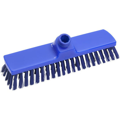 The Haug broom of Haug Bürsten KG is a blue plastic broom (300x70x40mm) with medium-sized, dark PBT bristles (ø 0.50mm) and a central opening for handle attachment, designed for heavy cleaning tasks.