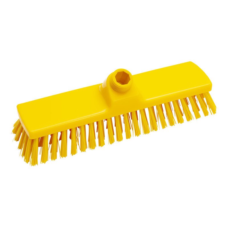 The Haug Bürsten KG Haug brooms (300x70x40mm) have stiff, medium-strength PBT bristles (ø 0.50mm), a yellow rectangular body, and a threaded hole on top for handles - ideal for scrubbing hard surfaces.