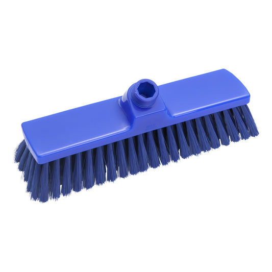 Der Haug Bürsten KG BESEN, GESCHLITZT ø 0,25MM WEICH (300x70x50mm) ist ein blauer rechteckiger Besenkopf mit weichen Borsten und einem Stielansatz, ideal für empfindliche Oberflächen. Abgebildet auf weißem Hintergrund.