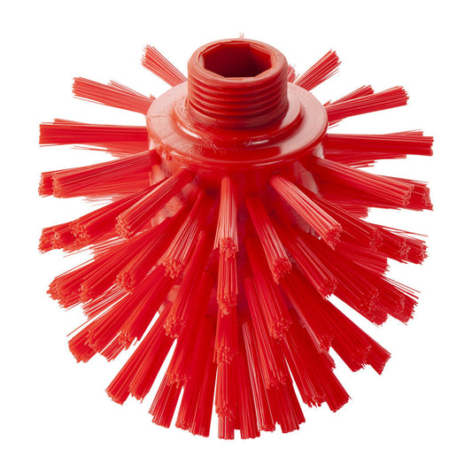 Die WOLFBÜRSTE ø 0,50 HART 135 x ø120 mm von Haug Bürsten KG ist ein roter, runder Schrubbkopf mit steifen, nach außen gerichteten Borsten und einer Gewindebohrung, ideal für harte industrielle Reinigungsaufgaben.