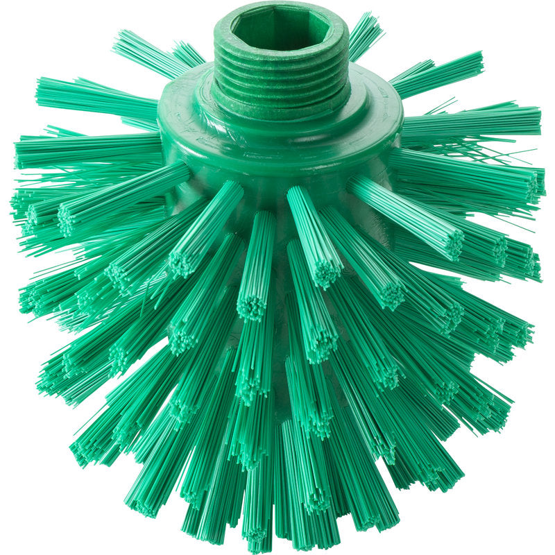 Die WOLFBÜRSTE, ø 0,50 HART, 135 x ø 120 mm von Haug Bürsten KG ist ein grüner Rundbürstenkopf mit steifen Kunststoffborsten und einer Gewindebohrung - perfekt als industrielle Reinigungsbürste für harte Aufgaben.