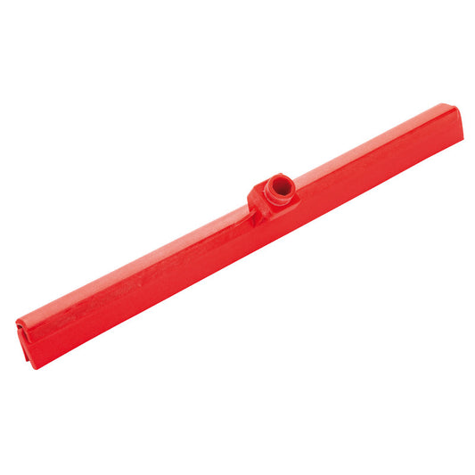 Der WASSERSCHIEBER,2-LIPPIG,620 MM von Haug Bürsten KG ist ein roter Kunststoff-Rakelkopf mit Doppellippen und zentraler Stielhalterung, ideal für die effektive Bodenreinigung; isoliert auf weißem Hintergrund dargestellt.