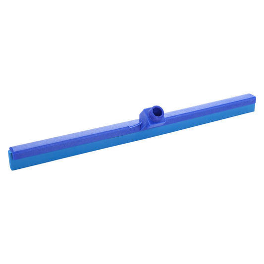Der Haug Bürsten KG WASSERSCHIEBER, LEBENSMITTELG. 1-LIPPIG (620x35x25mm) ist ein blauer Kunststoffrakel mit zentraler Buchse zur hygienischen Reinigung, ideal für die Lebensmittelindustrie. Abgebildet auf weißem Hintergrund.