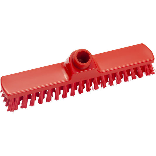 Der WISCHER, PBT HART 280X50X26MM von Haug Bürsten KG ist ein roter Bürstenkopf aus Kunststoff mit steifen Borsten, rechteckiger Form, mehreren Borstenreihen und einer zentralen Buchse zur Stielbefestigung.