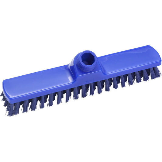Der WISCHER, PBT HART 280X50X26MM von Haug Bürsten KG ist ein blauer Kunststoffbesen mit steifen PBT-Borsten und einer zentralen Buchse zur Stielbefestigung, abgebildet auf weißem Hintergrund.
