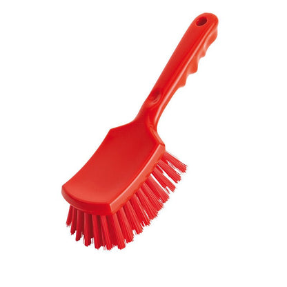 The Haug Bürsten KG HANDLE BRUSH, ø 0.50MM HARD (260x72x35mm), features a red plastic handle and sturdy bristles, depicted on a white background.