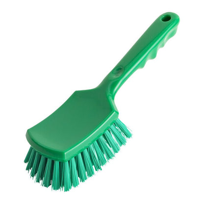 The Haug Bürsten KG HANDLE BRUSH, ø 0.50MM HARD (260x72x35mm) is a green plastic cleaning brush with sturdy bristles and a contoured handle that has a hole for easy hanging.