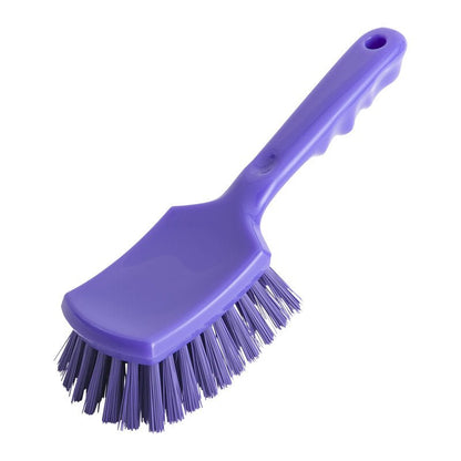 The HANDLE BRUSH ø 0.50MM HARD from Haug Bürsten KG features sturdy bristles and a curved plastic handle, perfect for tough cleaning tasks. Depicted in purple on a white background, the dimensions are 260x72x35mm.