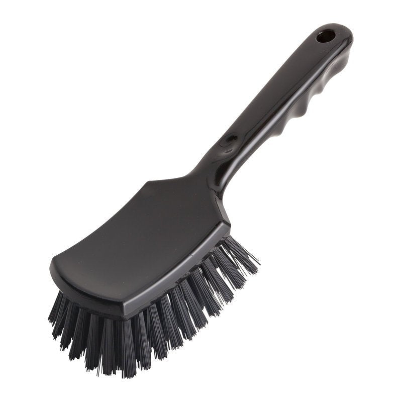 The Haug Bürsten KG HANDLE BRUSH, ø 0.50MM HARD (260x72x35mm), is a black plastic cleaning brush with sturdy bristles and an ergonomic handle, depicted on a white background.