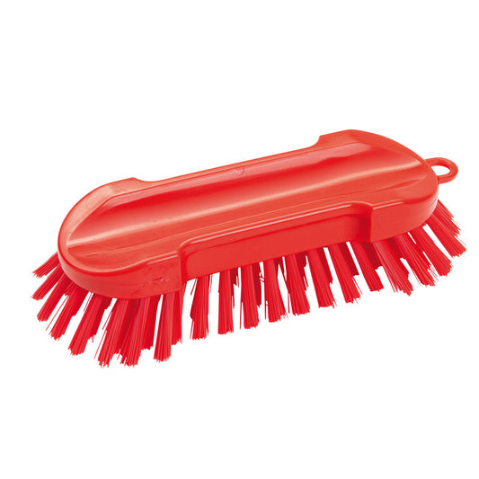 Die WASCHBÜRSTE RUND, HART 205X65X30MM von Haug Bürsten KG ist eine rote Kunststoffbürste mit steifen Borsten und einer Griffschlaufe, abgebildet auf weißem Hintergrund.