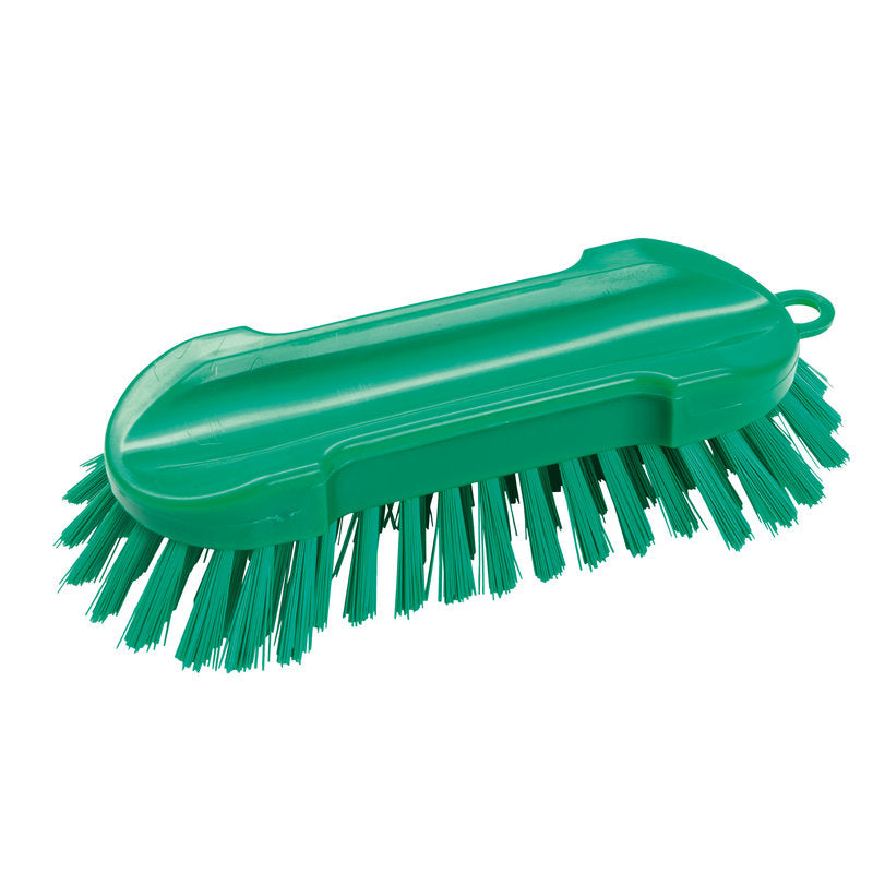 Die WASCHBÜRSTE RUND, HART 205X65X30MM von Haug Bürsten KG ist eine grüne Handbürste mit harten Borsten, einem ergonomischen Kunststoffgriff und einer Aufhängeschlaufe - perfekt für Reinigungsaufgaben.