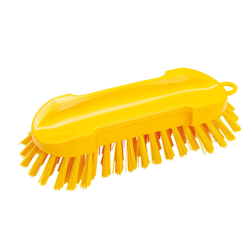Die Haug Bürsten KG WASCHBÜRSTE RUND, PBT HART 205X65X30MM ist eine gelbe Kunststoff-Schrubberbürste mit dichten Borsten, einem ergonomisch gebogenen Griff und einem Aufhängeloch - perfekt für schwierige Reinigungsaufgaben.