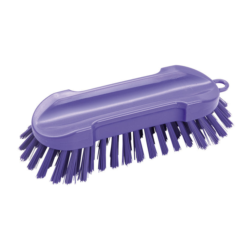 Die Haug Bürsten KG WASCHBÜRSTE RUND, HART 205X65X30MM ist eine violette Bürste mit harten Borsten, einem ergonomischen Kunststoffgriff und einer Aufhängeöse. Sie ist ideal für die gründliche Reinigung und wird auf einem weißen Hintergrund gezeigt.