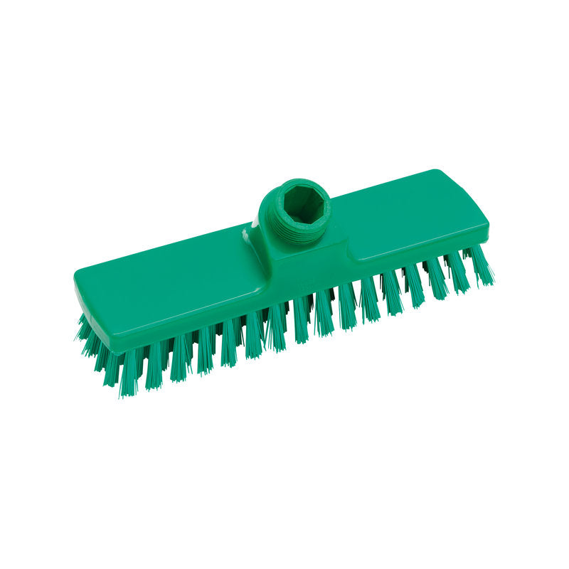 Die Haug Bürsten KG SCHRUBBER, ø 0,50MM HART 225x60x26MM verfügt über einen grünen, rechteckigen Kopf mit harten Borsten und einem zentralen Gewindeloch zur Befestigung des Stiels, ideal für intensive Reinigungs- und schwere Schrubbarbeiten.