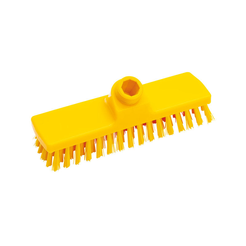 Der SCHRUBBER, ø 0,50MM HART 225X60X26MM von Haug Bürsten KG ist ein gelber rechteckiger Schrubberkopf mit harten Borsten und zentraler Stielaufnahme - ideal zur Reinigung, isoliert vor weißem Hintergrund.