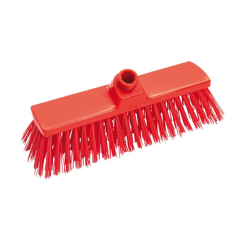 The BESEN, PBT HARD, 300X70X65MM from Haug Bürsten KG features stiff, angled PBT bristles and a central grip hole for thorough cleaning; pictured in red on a white background.