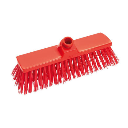 The BESEN, PBT HARD, 300X70X65MM from Haug Bürsten KG features stiff, angled PBT bristles and a central grip hole for thorough cleaning; pictured in red on a white background.