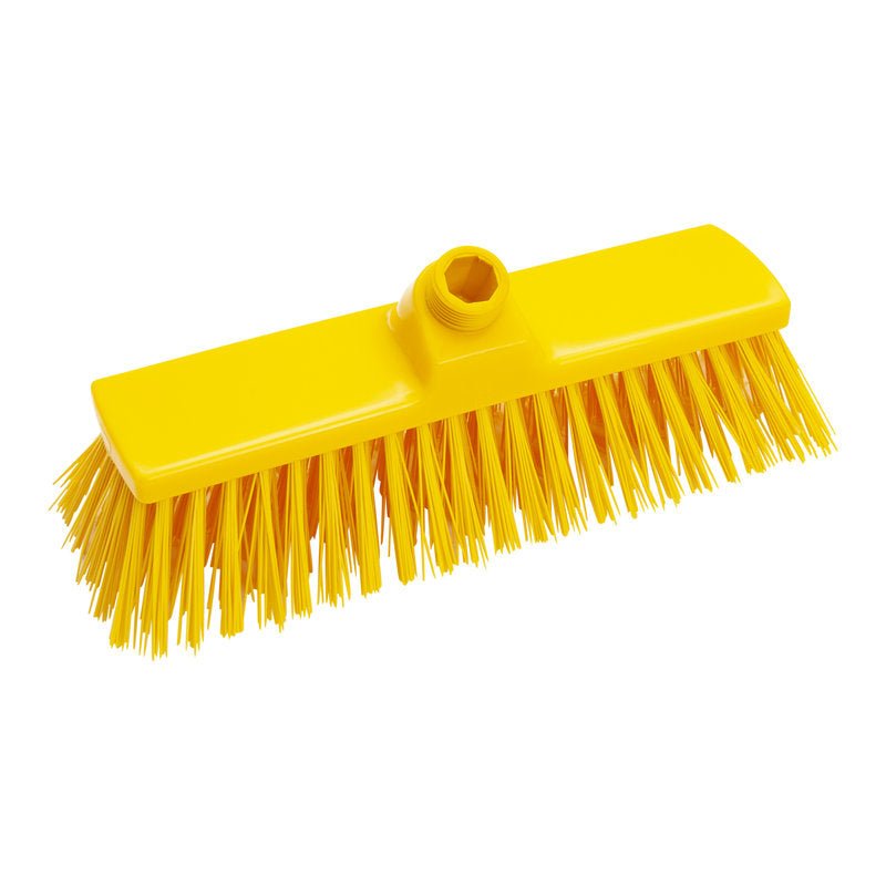 The BESEN, PBT HARD 300x70x65mm from Haug Bürsten KG is a yellow scrubber head with stiff PBT bristles and a central fitting for the broom handle, perfect for thorough cleaning; pictured against a white background.