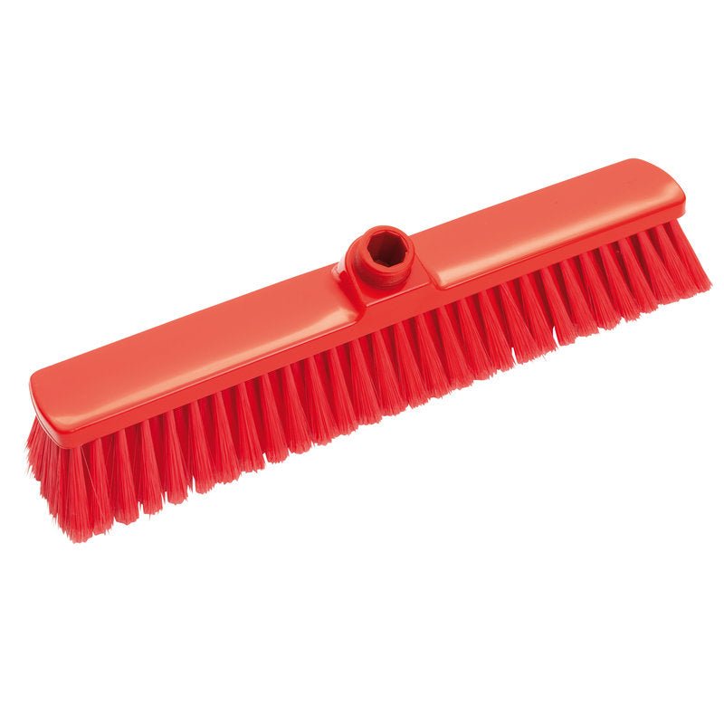 The Haug Bürsten KG LARGE AREA BROOM has a red, rectangular head measuring 400x60x50mm with soft, closed PBT bristles (ø 0.25mm) and a central hole for handle attachment, depicted on a plain white background - perfect for efficient floor cleaning.