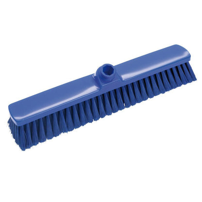 The Haug Bürsten KG LARGE AREA BROOM features densely packed, soft PBT bristles (ø 0.25mm) and a central socket for handle attachment. The blue broom head measures 400x60x50mm and is depicted tilted upwards on a white background.