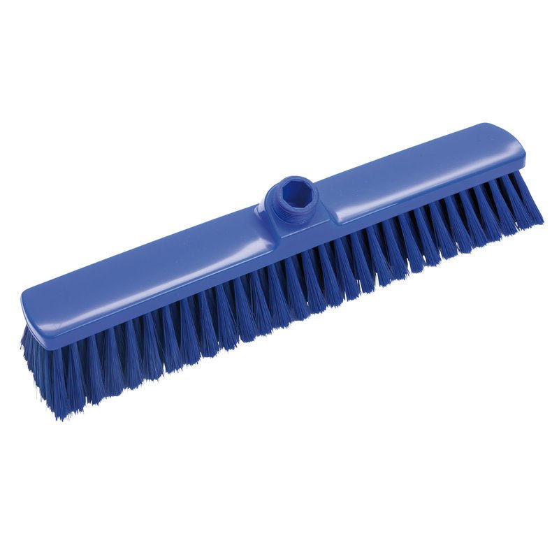 The Haug Bürsten KG LARGE AREA BROOM, PBT SOFT 400X60X50MM features a blue plastic head with soft bristles and a threaded hole for handle attachment, ideal for efficient cleaning of large floor areas.