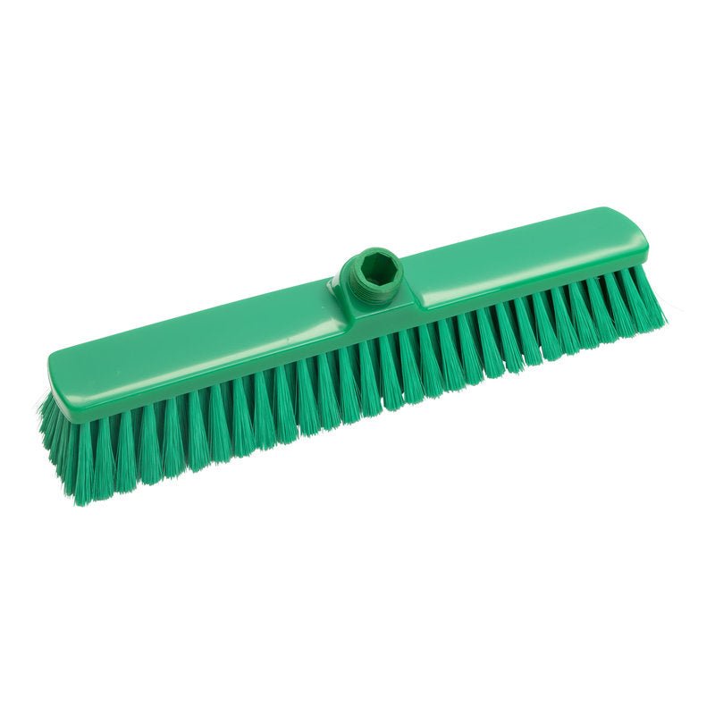 The LARGE AREA BROOM, PBT SOFT 400X60X50MM from Haug Bürsten KG is a green broom head with soft bristles and a central hole for handle attachment, ideal for cleaning large rooms. Pictured against a white background.