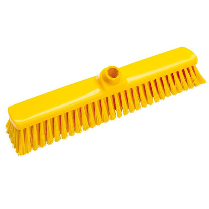 The LARGE AREA BROOM, PBT SOFT 400X60X50MM from Haug Bürsten KG is a rectangular yellow broom head with soft PBT bristles and a threaded hole, ideal for cleaning large areas.