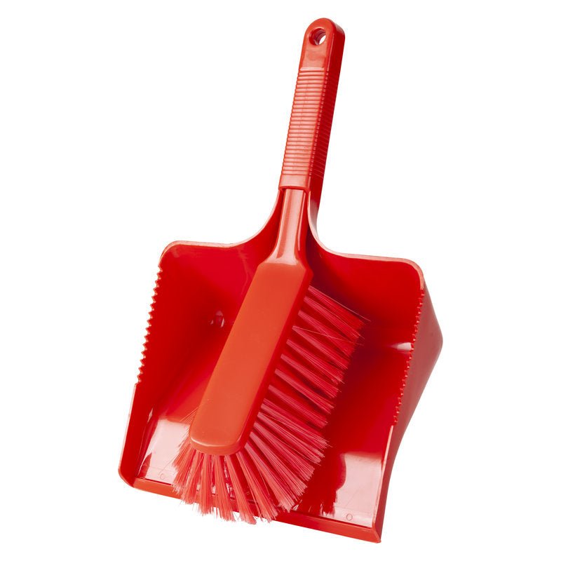 Pictured is a Haug Bürsten KG SWEEPING SET, consisting of a robust dustpan and a red-handled brush with soft PBT bristles (Ø 0.25mm), size 350x222x110mm, on a white background.