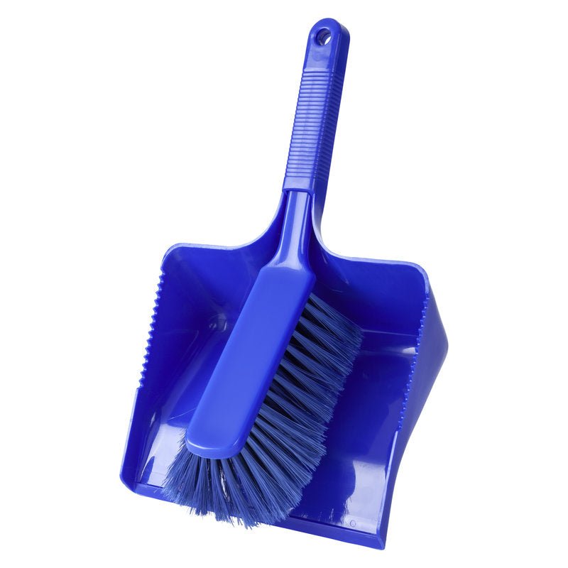 A blue Haug Bürsten KG SWEEPING SET (350x222x110mm) with a matching hand brush, both with textured handles and soft PBT bristles (Ø 0.25mm).