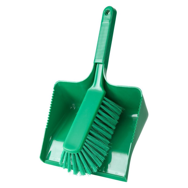 The Haug Bürsten KG SWEEPING SET, PBT CLOSED Ø 0.25MM SOFT (350x222x110mm) is a green set with a plastic dustpan and a matching brush that fits inside. Both have textured handles for easy handling.