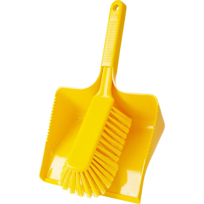 A yellow SWEEPING SET made of plastic from Haug Bürsten KG, 350x222x110mm, with PBT bristles (Ø 0.25mm, soft) and a textured handle with a hanging hole; with a matching yellow brush resting in the dustpan.