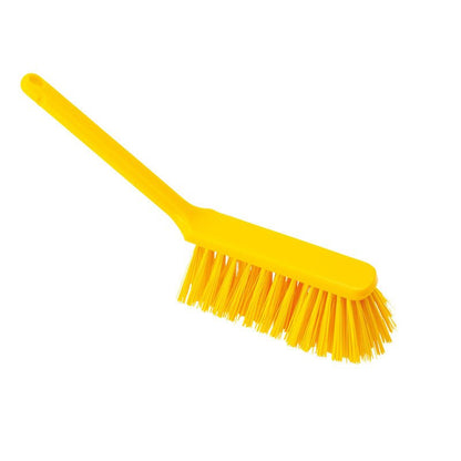 The HAND BROOM from Haug Bürsten KG is a yellow cleaning tool with a long handle and hard bristles (ø 0.50mm, 310x40x45mm). It features a hole at the end for easy hanging, perfect for scrubbing surfaces.