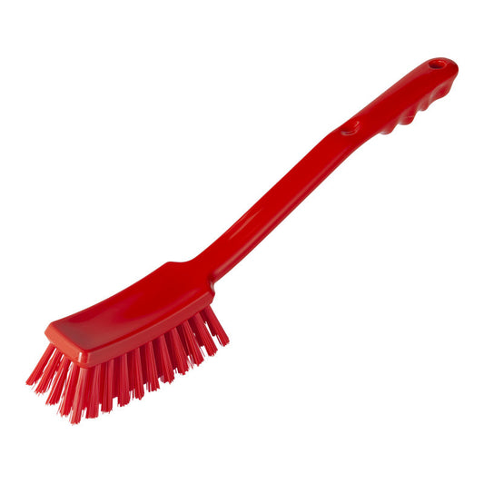 Die STIELBÜRSTE, PBT HART 400X48X35MM von Haug Bürsten KG ist eine rote Reinigungsbürste aus robustem Kunststoff mit langem Griff, harten PBT-Borsten und Aufhängeöffnung - ideal für Geschirr- und Oberflächenreinigung.