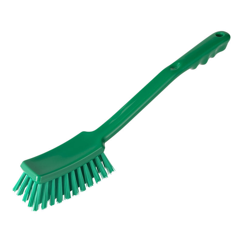 The Haug Bürsten KG HANDLE BRUSH, PBT HARD 400X48X35MM is a green plastic cleaning brush with a long handle and stiff PBT bristles, depicted on a plain white background.